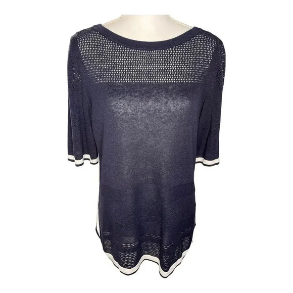 Talbots Women's Small Short Sleeve Linen Blend Navy‎ Lightweight Knit Top - Picture 1 of 4